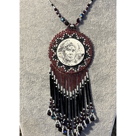 VTG Native American Handmade Seed Bead Portrait Pendant Necklace Leather Backed - Picture 2 of 7
